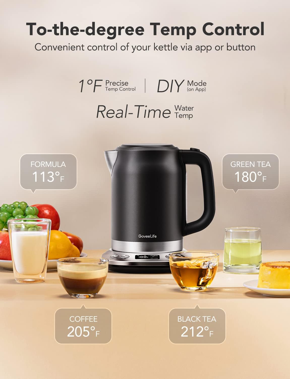 GoveeLife Smart Electric Kettle, 0.8L WiFi Gooseneck Kettle Compatible with  Alexa, 5 Modes for Use, 3-minute Fast Heating and 2H Keep Warm, Auto-Shut  off for Safety, Stainless Steel, Matte Black